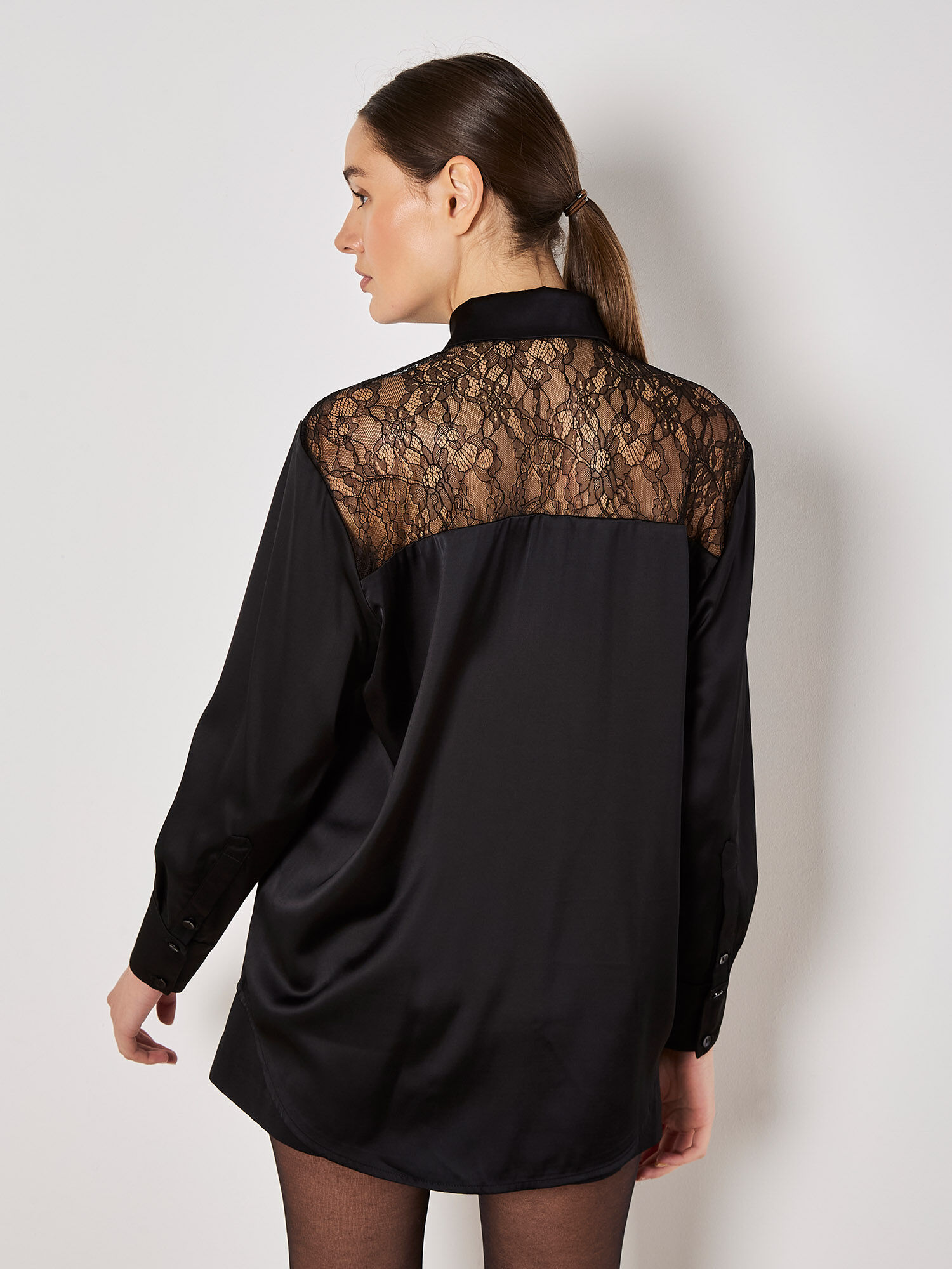 Lace Insert Oversized Satin Shirt Apricot Clothing