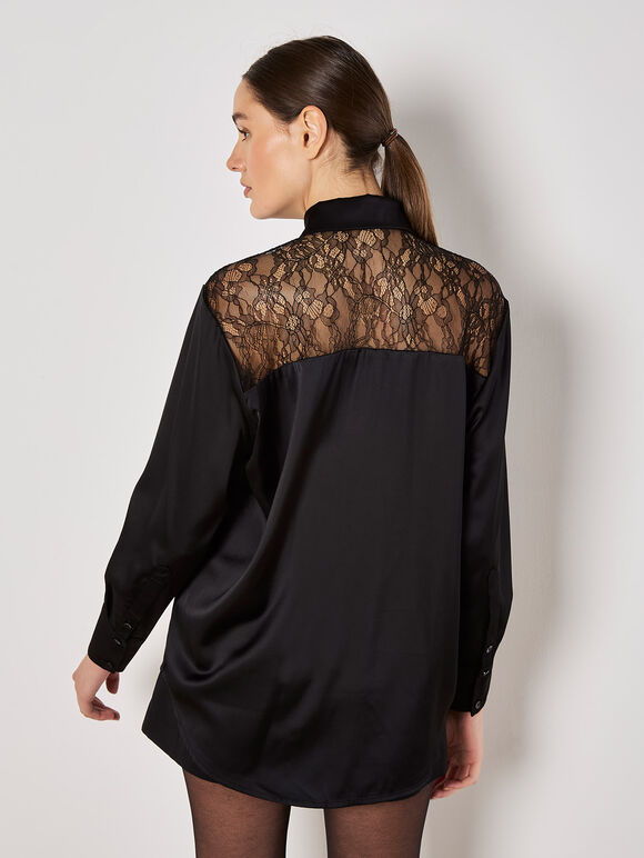 Lace Insert Oversized Satin Shirt, Black, large
