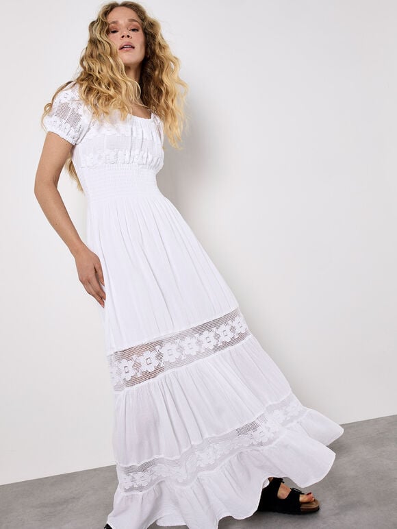 Floral Lace Milkmaid Maxi Dress, White, large