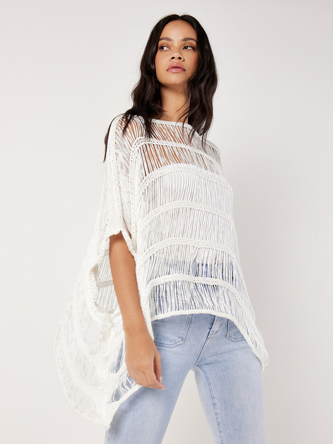 Image of Open Knit Cotton Blend Poncho