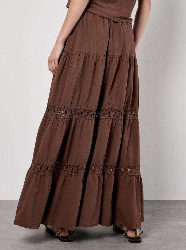 Tiered Crochet Insert Maxi Skirt, Brown, large