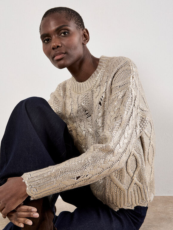 Distressed Gold Foil Metallic Cable Jumper, Gold, large