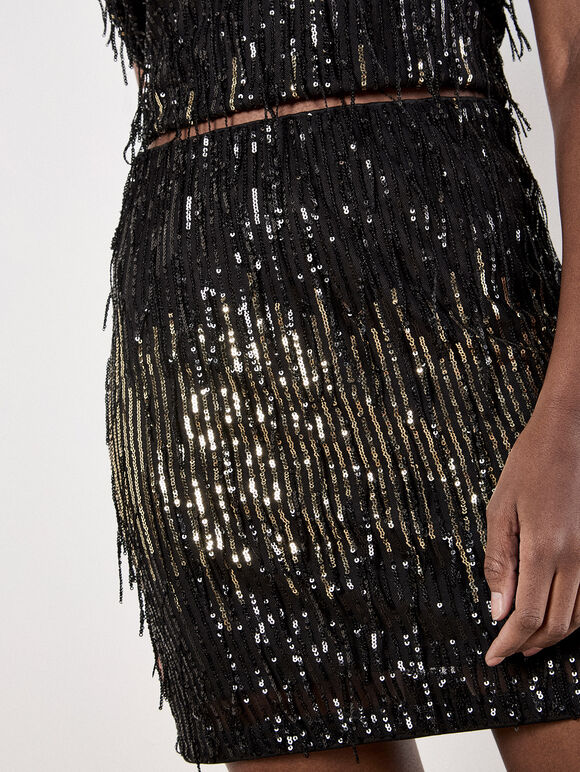 Sequin Fringe Bodycon Mini Skirt, Black, large