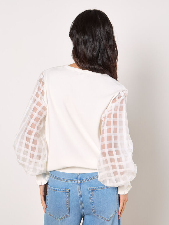 Contrast Organza Sleeves Jumper, White, large