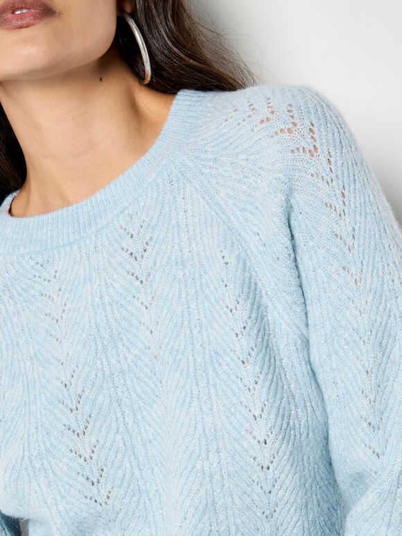 Chevron Pointelle Shimmer Jumper, Blue, large