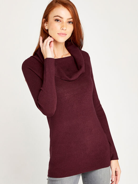 Ribbed Roll Neck Jumper, Burgundy, large