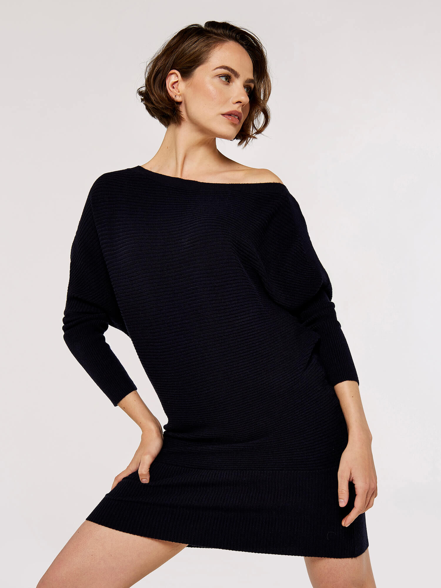 Ribbed Batwing Jumper Mini Dress Apricot Clothing
