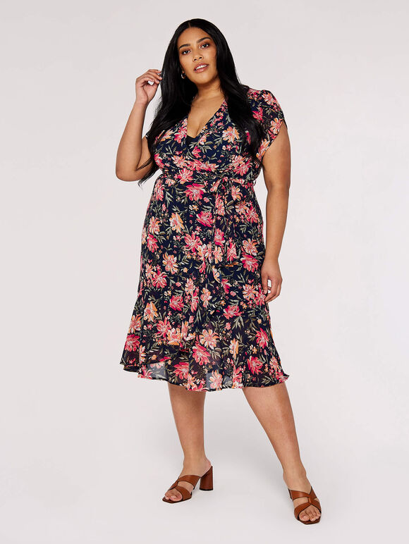 Curve Floral Wrap Midi Dress, Navy, large