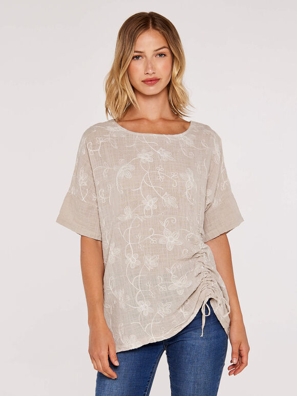 Flower Stitch  Ruched Top, Stone, large