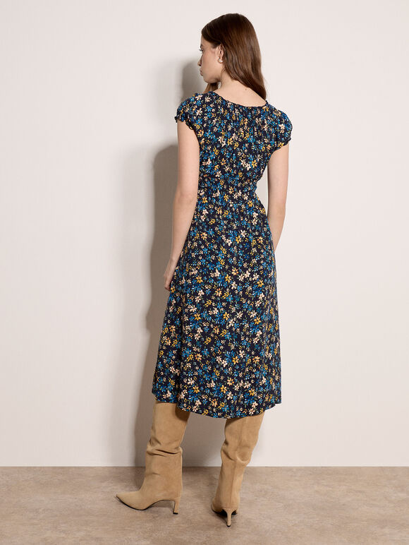 Ditsy Floral Print Milkmaid Midi Dress, Blue, large
