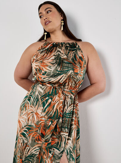Tropical Leaf Satin Midi Dress
