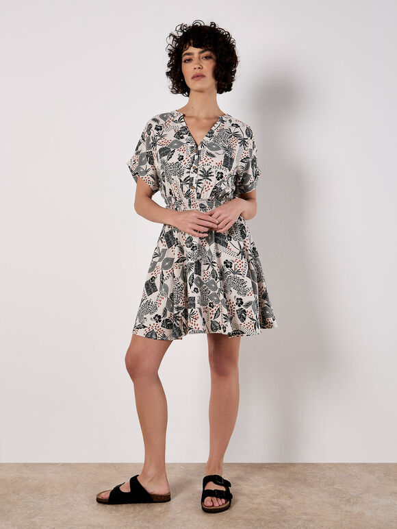 Tropical Print Linen Blend Mini Dress, Stone, large