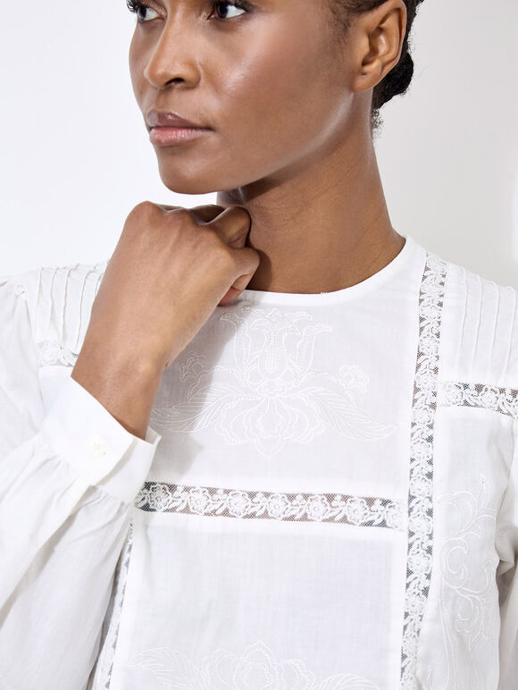 Lace Embroidered Cotton Top, White, large
