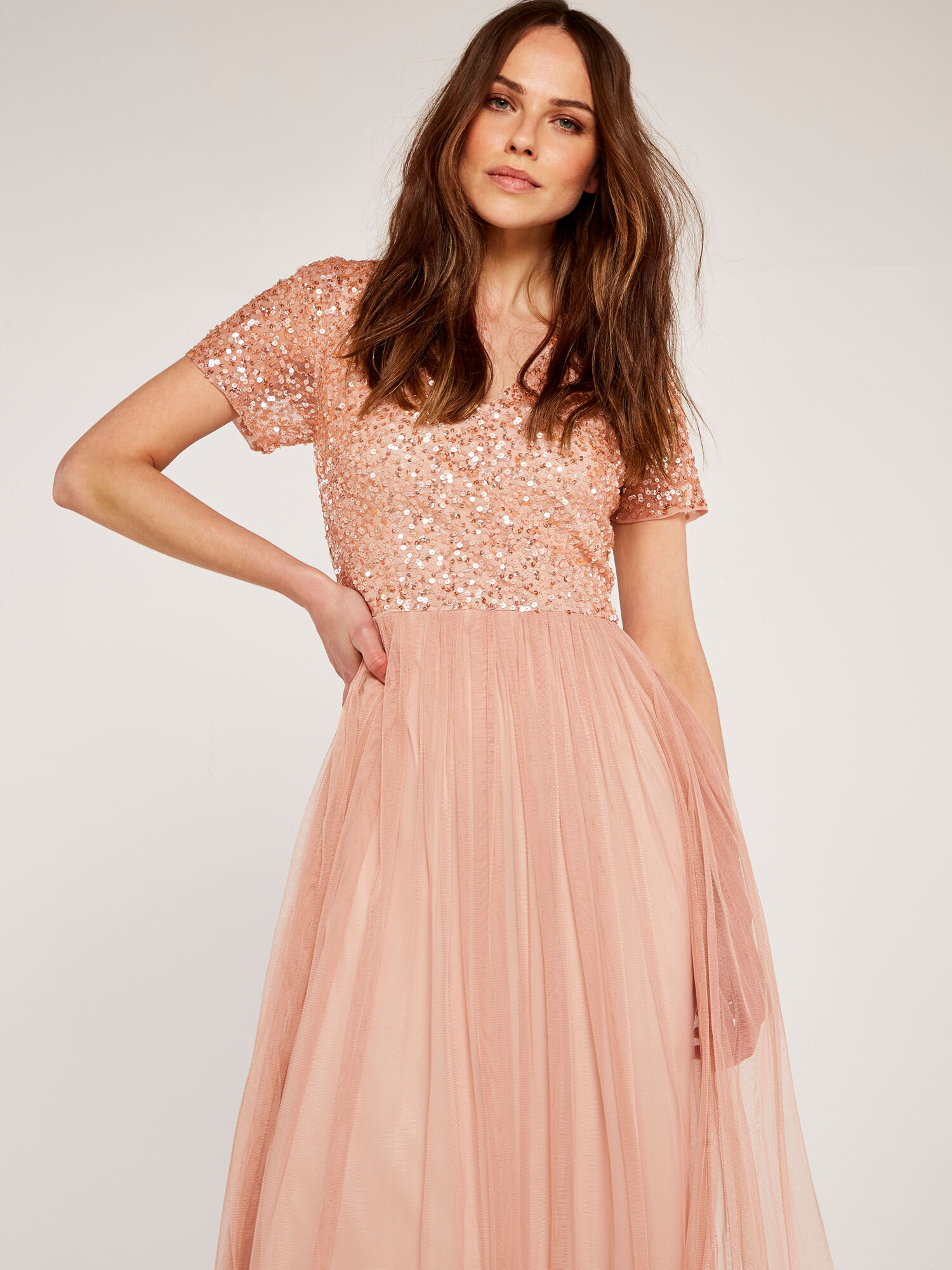 Sequin Tulle Maxi Dress Apricot Clothing