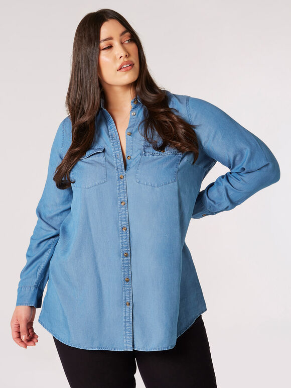 Curve Denim Tencel Shirt, Blue, large