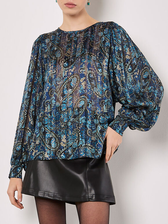 Paisley Sparkle Self Stripe Blouse, Navy, large