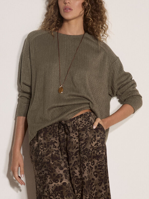 Leopard Print Wide-Leg Woven Trousers, Khaki, large