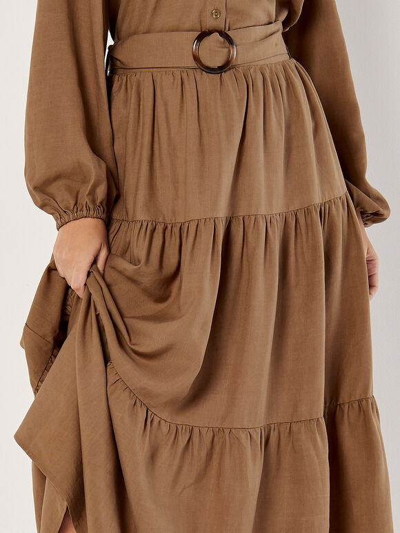 Belted Tiered Maxi Skirt, Brown, large