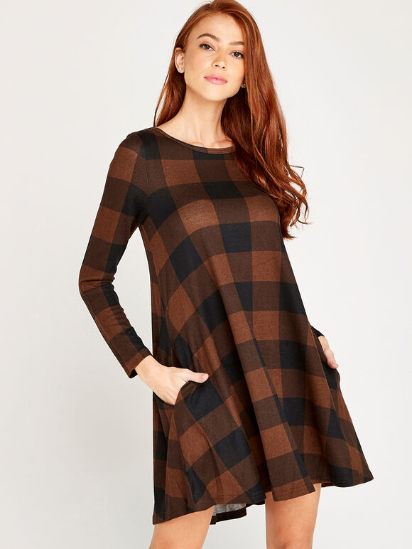 Gingham Long Sleeve Swing Dress, Rust, large