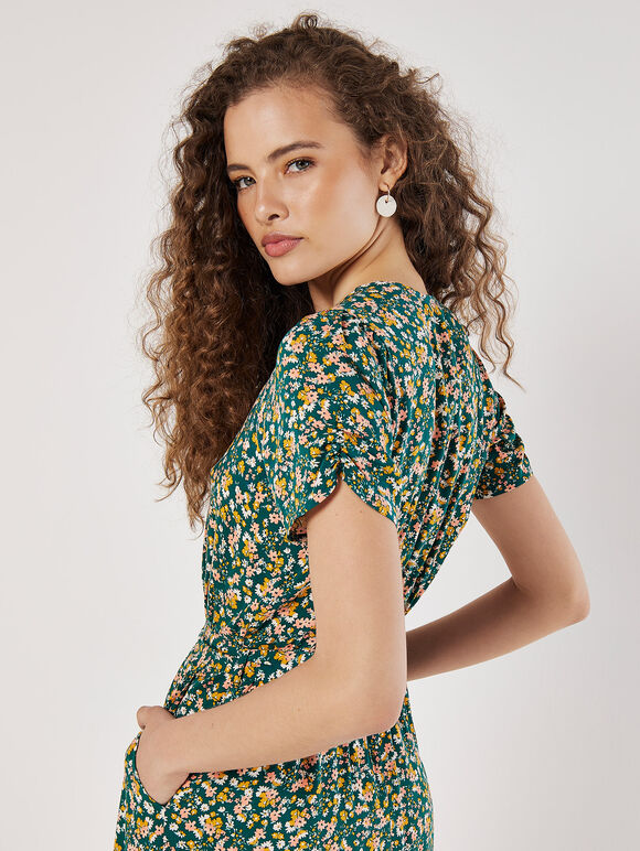 Ditsy Floral Decorative Button Midi Dress, Green, large