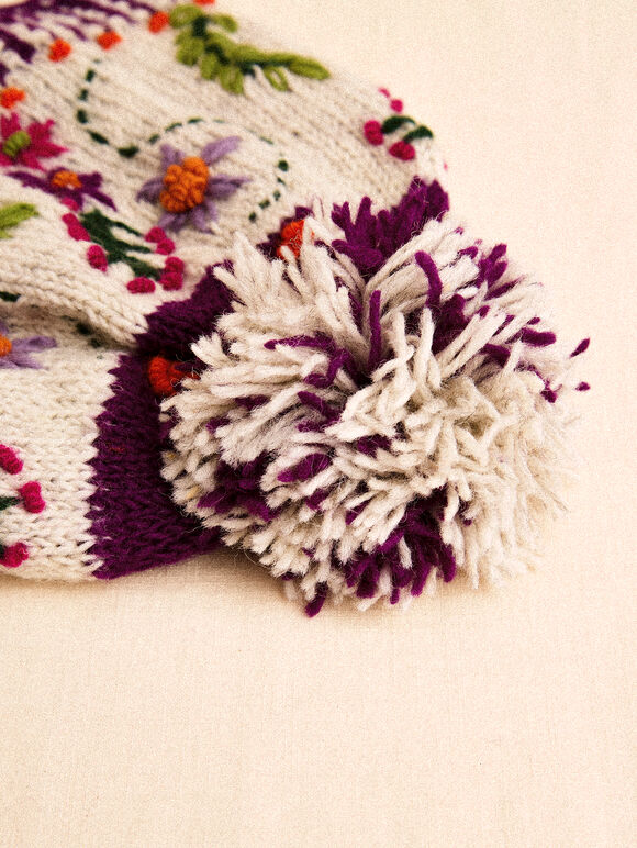 Hand-Knitted Floral Embroidered Beanie Hat, Grey, large
