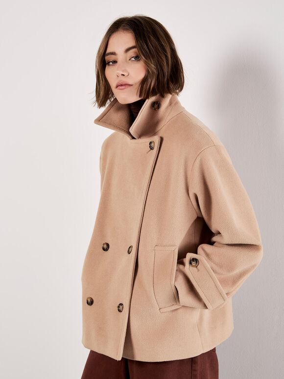 Tailored Short Peacoat Jacket, Brown, large