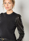 Sequin Arm Ribbed Knit Jumper, Black, large