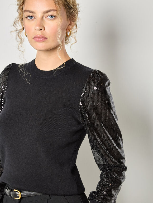 Sequin Arm Ribbed Knit Jumper, Black, large