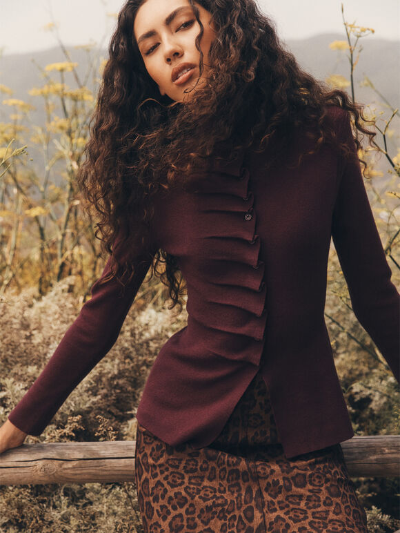 Button-Down Pleat Knit Top, Burgundy, large