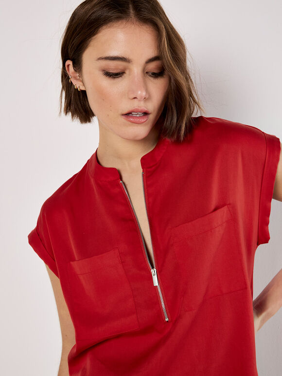 Zip Front Patch Pocket Top, Red, large