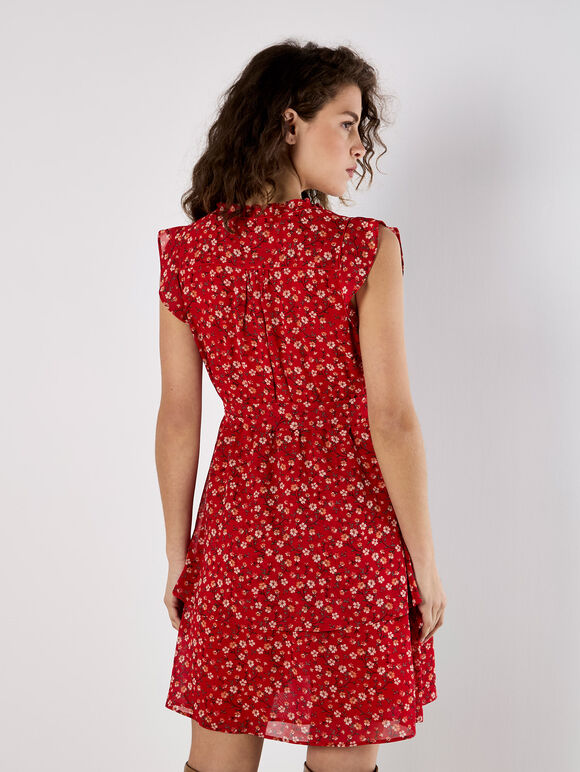 Ditsy Floral Chiffon Mini Dress, Red, large