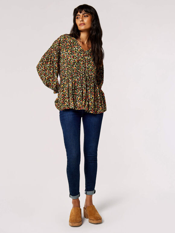 Oversized Ditsy Floral Top, Khaki, large
