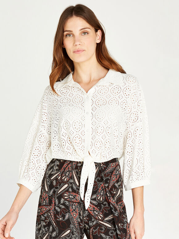 Broderie Anglaise Knot Front Top, Cream, large