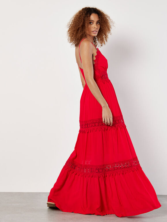 Lace Crinkle Tiered Maxi Dress, Red, large