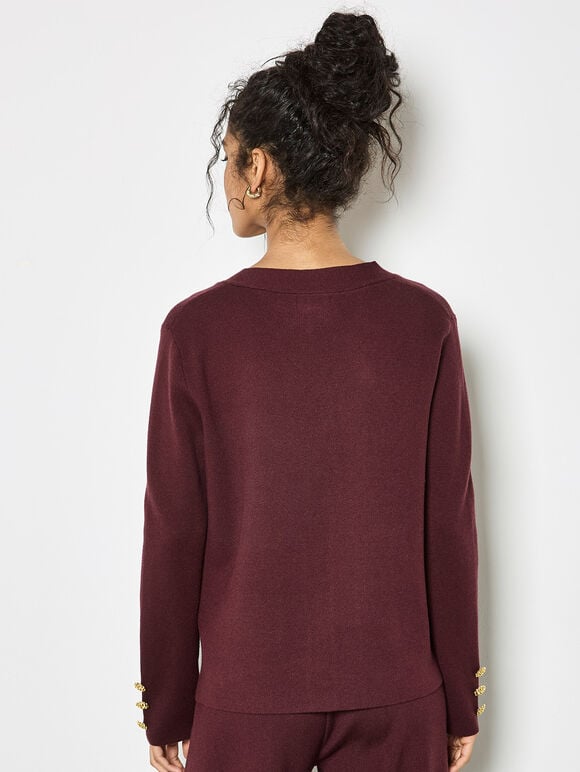 Statement Hammered Buttons Lightweight Cardigan, Burgundy, large