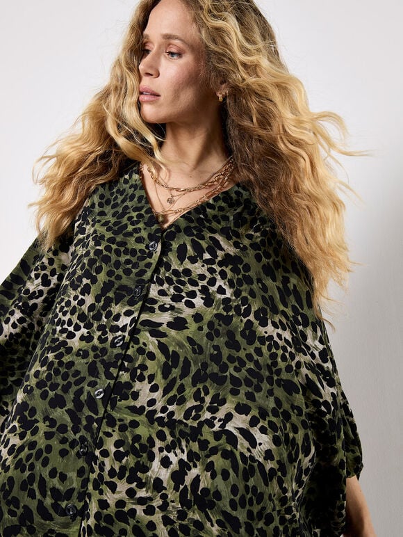 Leopard Print Kimono Midi Dress, Khaki, large
