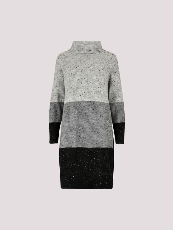 Ribbed Knit Colour Block Mini Dress, Black, large