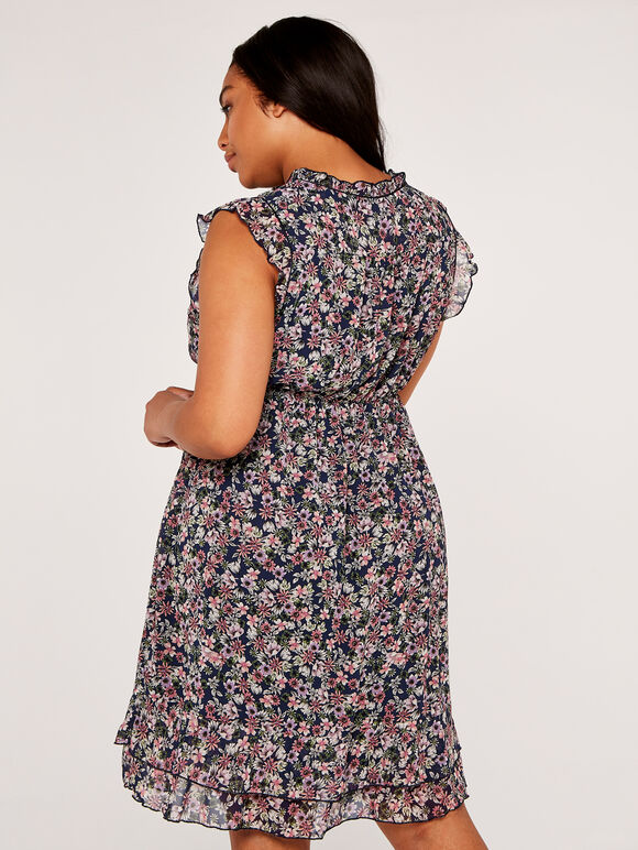 Curve Sketched Bold Ditsy Floral Dress, Navy, large