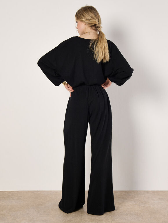Ribbed Knit Wide Leg Trousers, Black, large