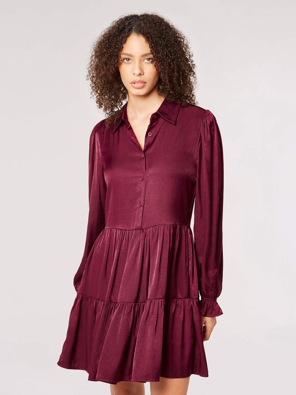 Satin Shirt Mini Dress, Burgundy, large