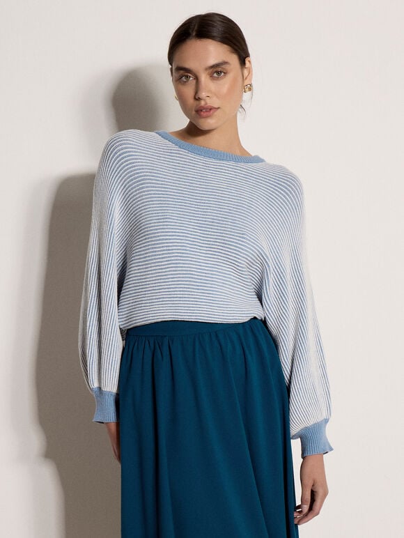 Ribbed Stripe Batwing Jumper, Blue, large