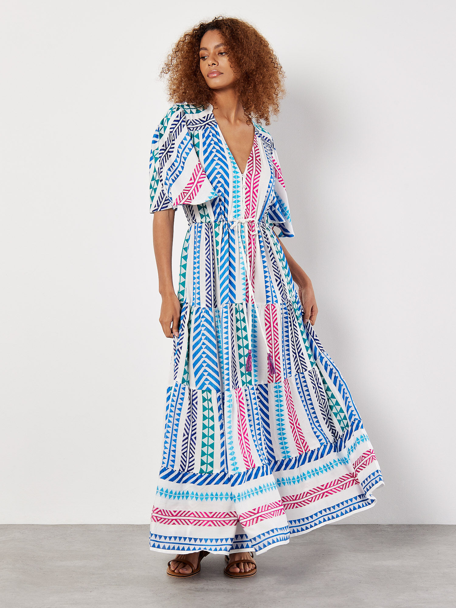 Geo Stripe Tiered Maxi Dress Apricot Clothing