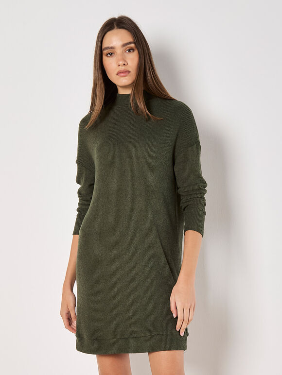 Ribbed Knit Mini Dress, Green, large