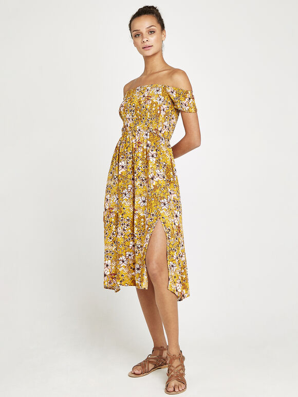 Summer Floral Bardot Midi Dress, Mustard, large