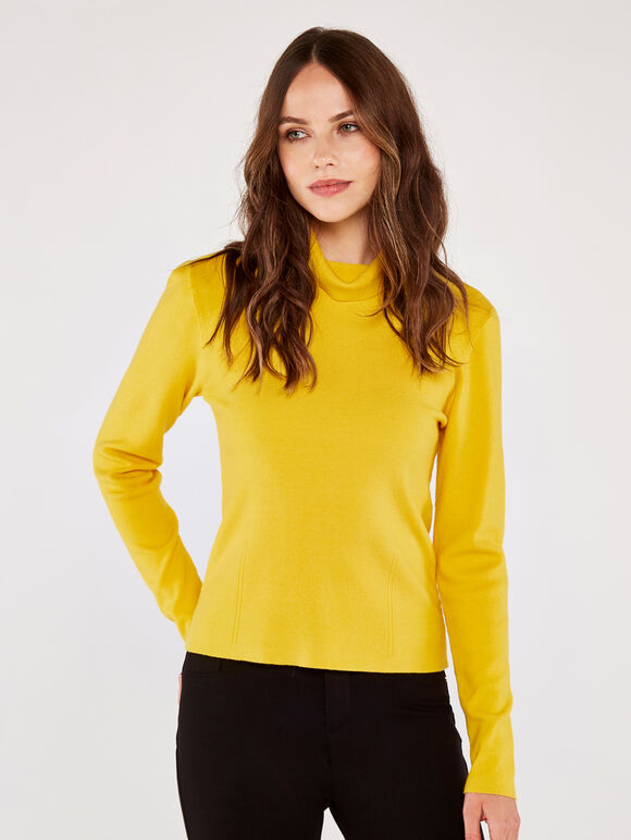 Tiny Rib Roll Neck Jumper, Mustard, large