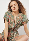 Tropical Leaf Print Smocked Mini Dress, Khaki, large