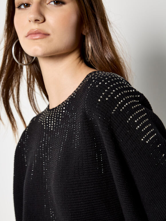 Rhinestone Embellished Batwing Jumper, Black, large