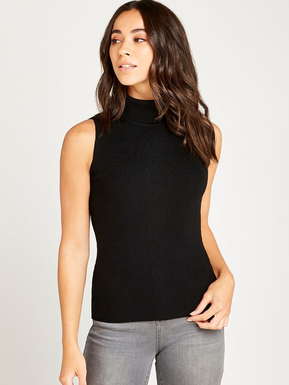 Roll Neck Knitted TankTop, Black, large