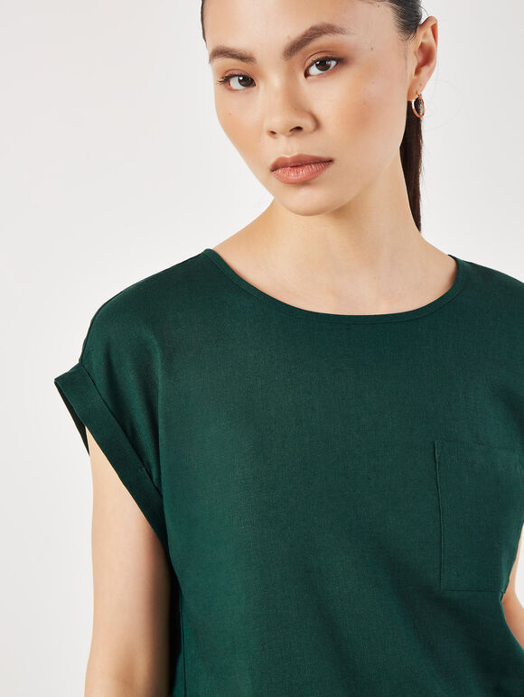 Linen Blend Split Back Oversized Top, Green, large