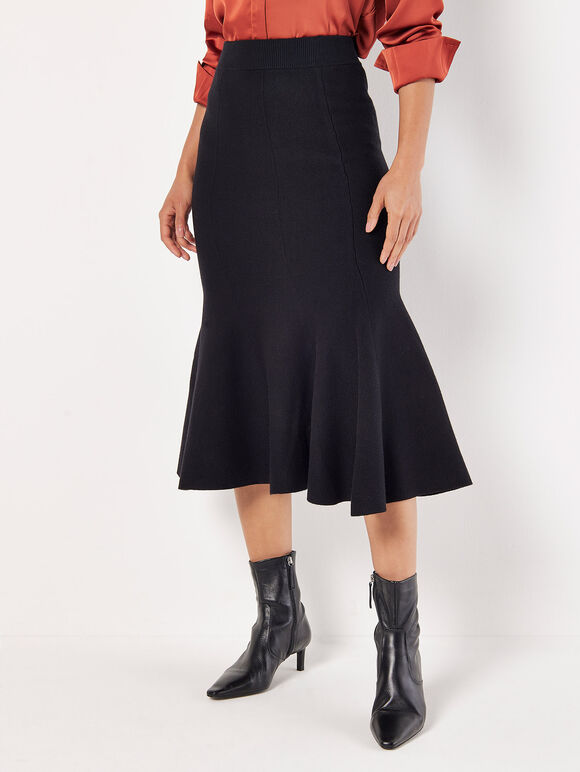 Flute Hem Knitted Midi Skirt, Black, large